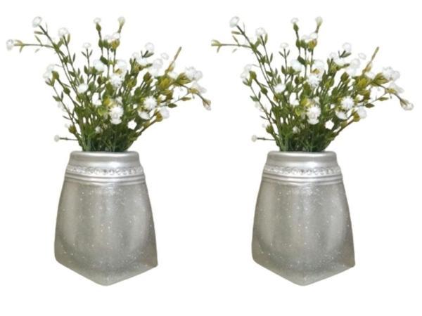 2 ADET VAZO DAHİL,VAZODA ÇİÇEK,BEYAZ YAPAY ÇİÇEK,VAZO DEKORATİF KRİSTAL TAŞLI GÜMÜŞ POLİRESİN 7X7X15CM  - Image 1