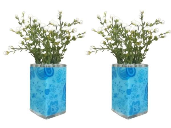 2 ADET VAZO DAHİL,VAZODA ÇİÇEK,BEYAZ YAPAY ÇİÇEK,VAZO DEKORATİF MAVİ  7X7X17CM  - Image 1