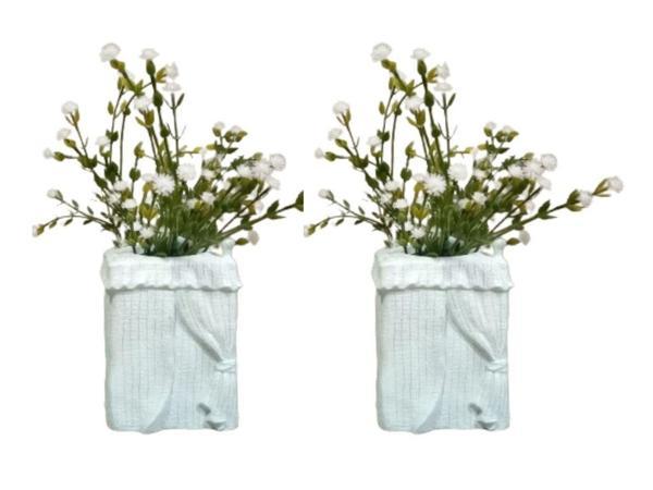 2 ADET VAZO DAHİL,VAZODA ÇİÇEK,BEYAZ YAPAY ÇİÇEK,VAZO DEKORATİF POLİRESİN 7X7X17CM  - Image 1