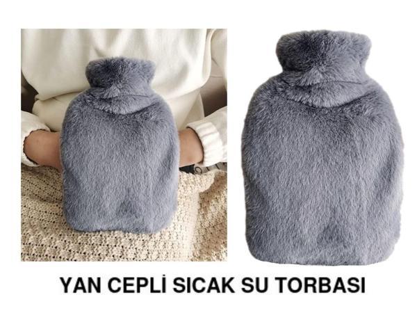 SICAK SU TORBASI YAN CEPLİ GRİ  PELUŞ TERMOFOR 27x17x2cm  1 LİTRE - Image 1