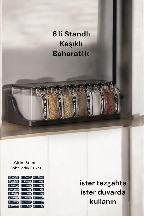 6 Lı Standlı Kendinden Yapışkanlı Kapaklı Kaşıklı Baharatlık Takımı -etiketli Baharatlık - Image 1