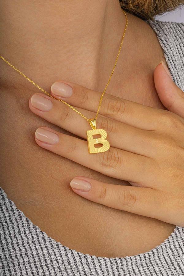 Gümüş Pazarım Altın Kaplama Altın Kaplama B Harfi Kadın 925 Ayar Gümüş Kolye - Image 1