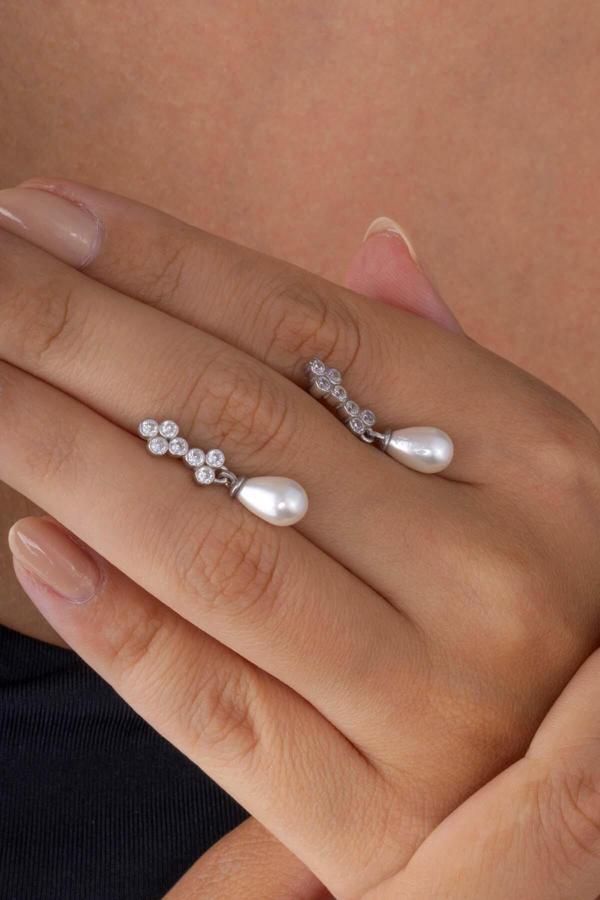 Gümüş Pazarım Damla Kesim İnci Taneli Beyaz Altın Kaplama Gümüş Kadın Küpe - Image 1