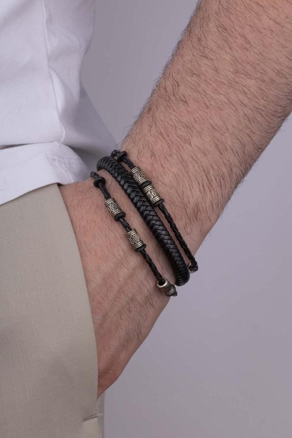 Gümüş Pazarım Figürlü Örgü Model Çift Sıra Erkek Deri Bileklik - Image 1
