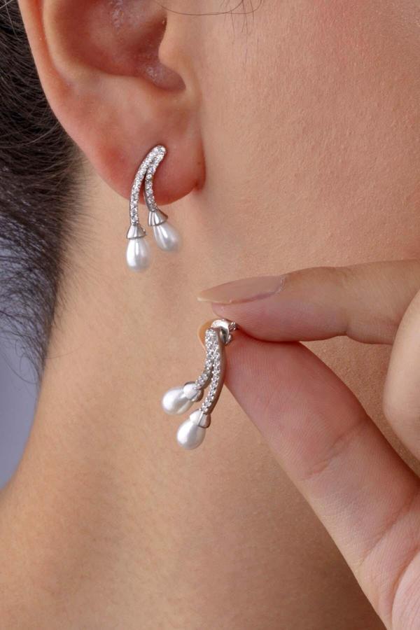 Gümüş Pazarım İnci Taneli Beyaz Altın Kaplama Kadın 925 Ayar Gümüş Küpe - Image 1