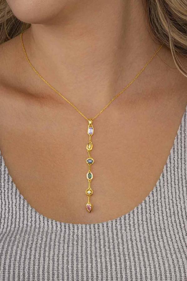 Gümüş Pazarım Renkli Taşlı Süzme Altın Kaplama Kadın Gümüş Kolye - Image 1