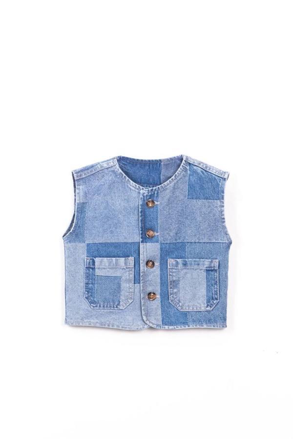 La Ciel Paris Çocuk Denim Yelek – Patchwork Tasarım, Düğmeli - Image 1