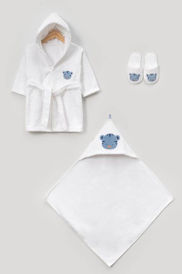 Bebitof %100 Pamuk Sevimli Kaplan Desenli %100 Pamuk Bebek Bornoz Seti 0-2 Yaş Kutulu BBTF.BYZ.30056 - Image 1