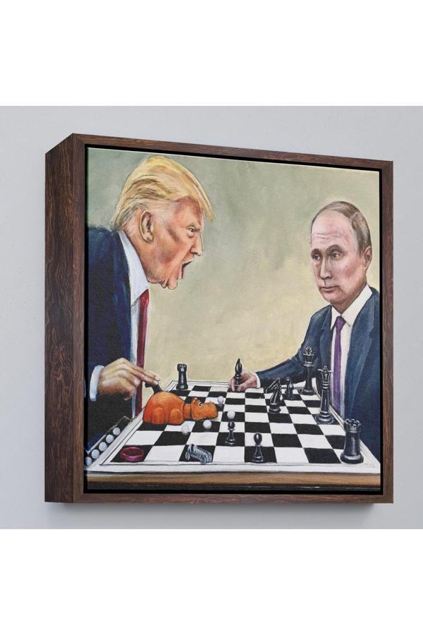 Ahşap Çerçeveli Donald Trump - Vladimir Putin Santranç OyOxyteeztabloken Tablosu-8316 - Image 1