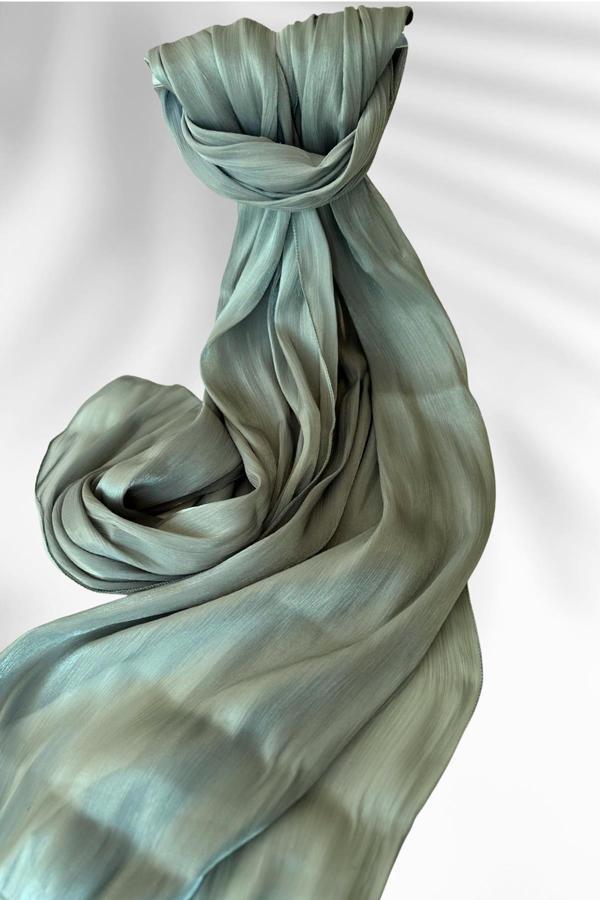 Saten Dokulu Janjan Abiye Şal 75x180cm Çağla Yeşili - Image 1