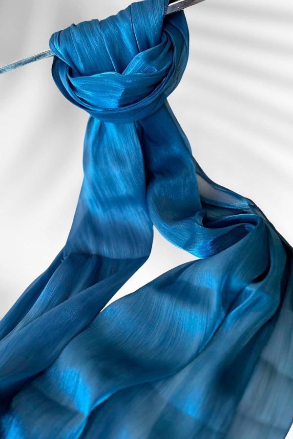 Saten Dokulu Janjan Abiye Şal 75x180cm Parlament Mavi - Image 1