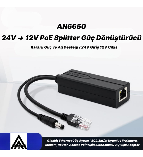 AN6650 PoE Splitter Adaptör 24V to 12V Gigabit Ethernet IP Kamera NVR Modem Access Point Dönüştürücü - Image 1