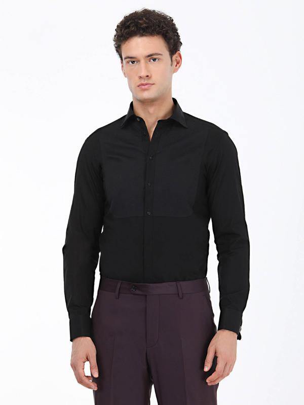 Siyah Düz Slim Fit Duble Manşet Klasik Yaka Smokin Gömlek - Image 1