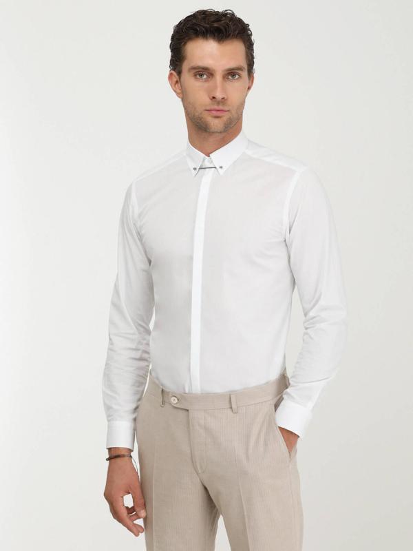 Beyaz Düz Slim Fit Düz Manşet Klasik Yaka Smokin Gömlek - Image 1