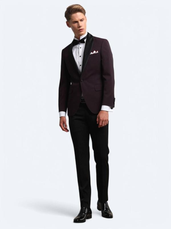Bordo Slim Fit Şal Yaka Dokuma Smokin Takım Elbise - Image 1