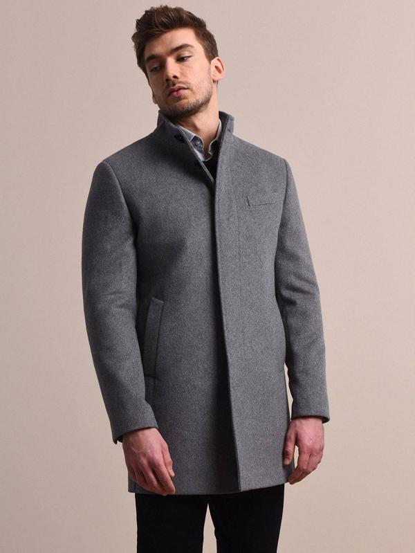 Gri Regular Fit Dik Yaka Klasik Dokuma Palto - Image 1