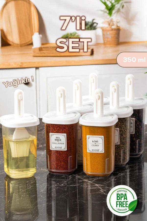 Porsima 4365 7li Kaydırmalı Kaşıklı Sızdırmaz Kapaklı Etiketli Baharatlık Seti - Saklama Kabı - Image 1