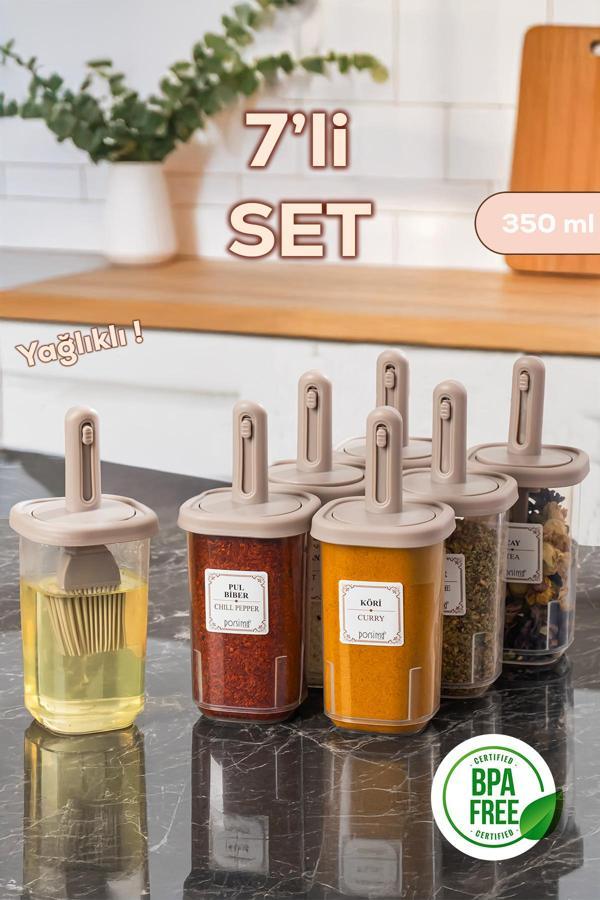 Porsima 4366 7li Kaydırmalı Kaşıklı Sızdırmaz Kapaklı Etiketli Baharatlık Seti - Saklama Kabı - Image 1
