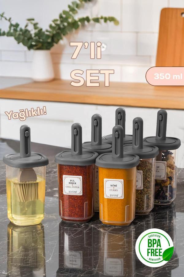 Porsima 4364 7li Kaydırmalı Kaşıklı Sızdırmaz Kapaklı Etiketli Baharatlık Seti - Saklama Kabı - Image 1