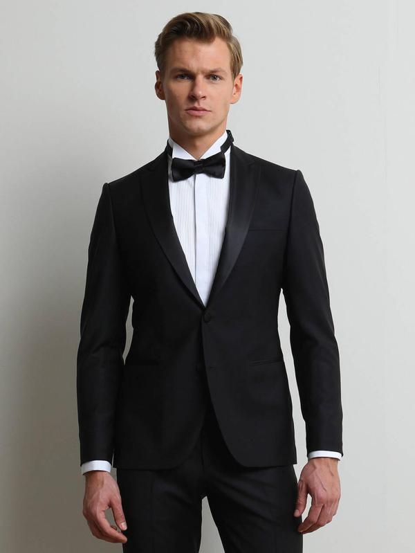 Siyah Düz Slim Fit Kruvaze Yaka Dokuma Smokin Takım Elbise - Image 1