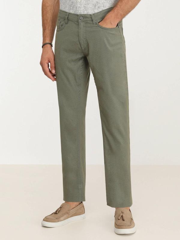 Haki Dokuma Slim Fit Casual Pamuk Karışımlı Pantolon - Image 1