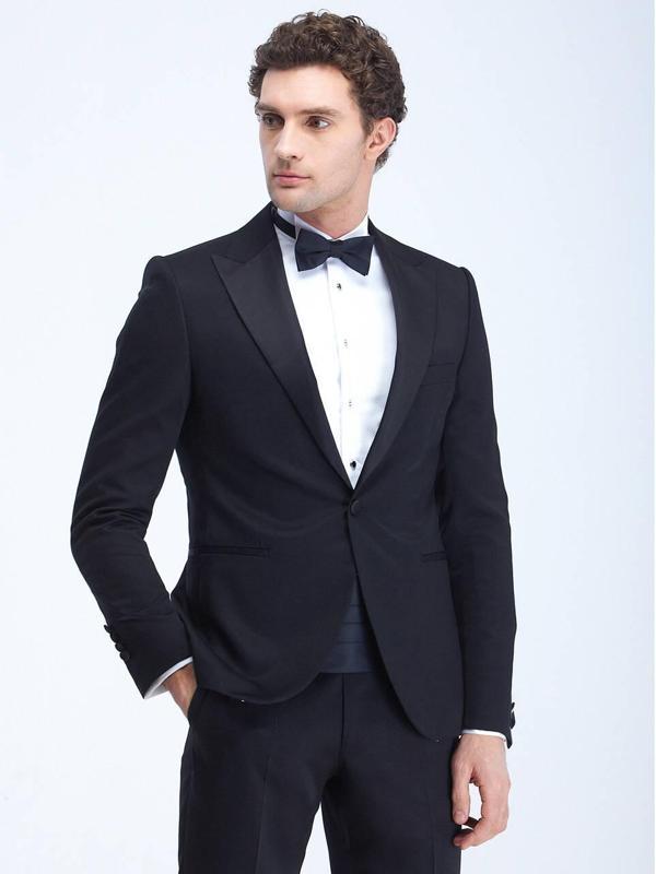 Siyah Düz Slim Fit Kruvaze Yaka Dokuma Smokin Takım Elbise - Image 1