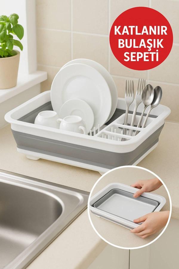 Katlanabilir Gri-Beyaz Bulaşıklık, Drenaj Delikli, Kaşıklıklı, Geniş Kapasiteli, Kamp ve Mutfak Kullanımı İçin Uygun - Image 1