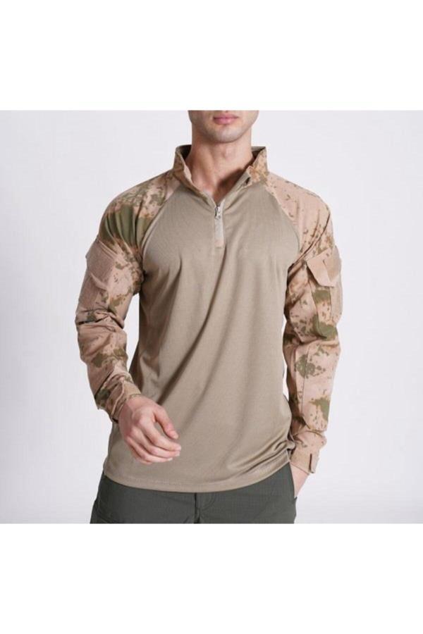 AZHEK Erkek Kahverengi Bej Likralı Jandarma Combat T-Shırt - Image 1