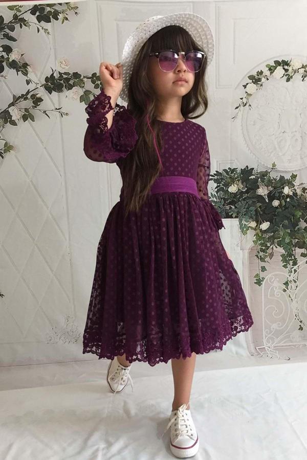 Mnk Baby&Kids Krem Şapkalı Dantelli Kız Çocuk Elbise Mürdüm - Image 1