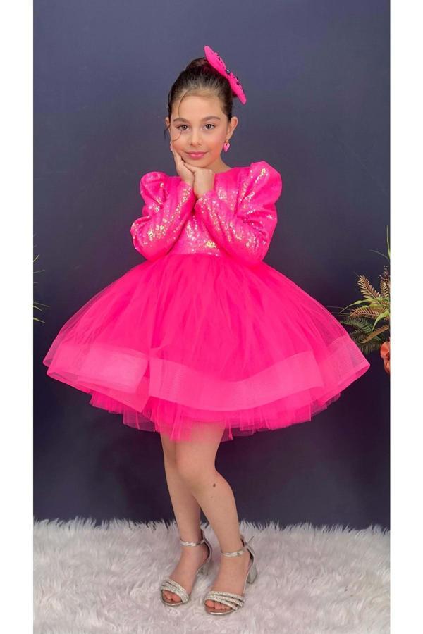 Mnk Baby&Kids Tütü Gren Etekli Kız Çocuk Pul Payetli Uzun Kol Kikidi Elbise Mnk0583 Fuşya - Image 1