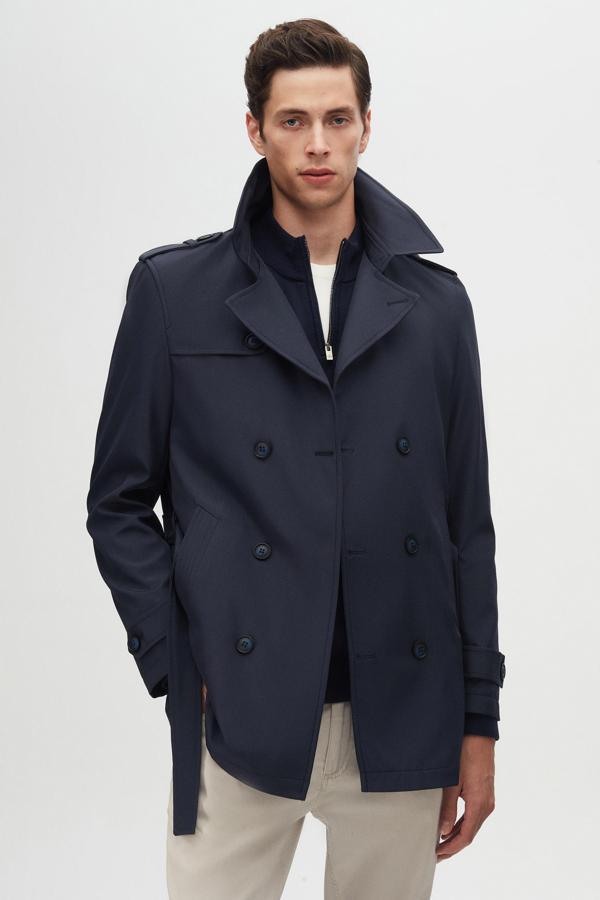 Ds Damat Regular Fit Lacivert Apoletli Beli Kemerli Pardösü/Trenckot - Image 1