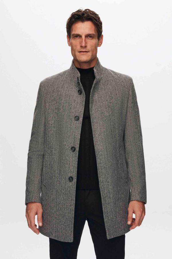D's Damat Regular Fit Gri Balıksırtı Hakim Yaka Kaban - Image 1