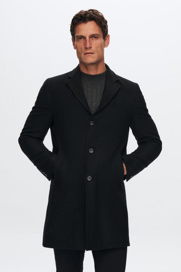D's Damat Regular Fit Siyah Mono Yaka Kaşe Kaban - Image 1