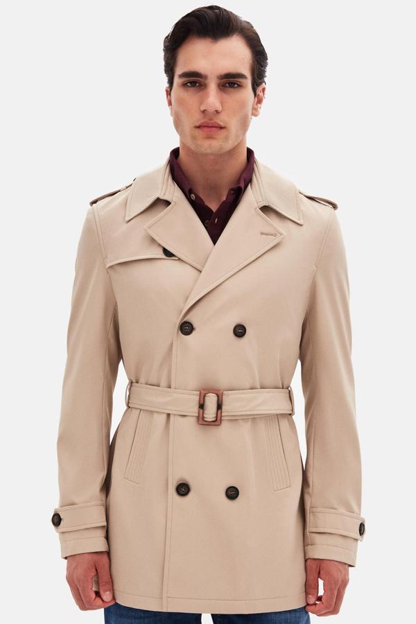 Regular Fit Koyu Bej Apoletli Beli Kemerli Pardösü/Trenckot - Image 1