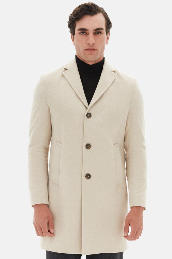 D's Damat Regular Fit Bej Mono Yaka Kaşe Kaban - Image 1