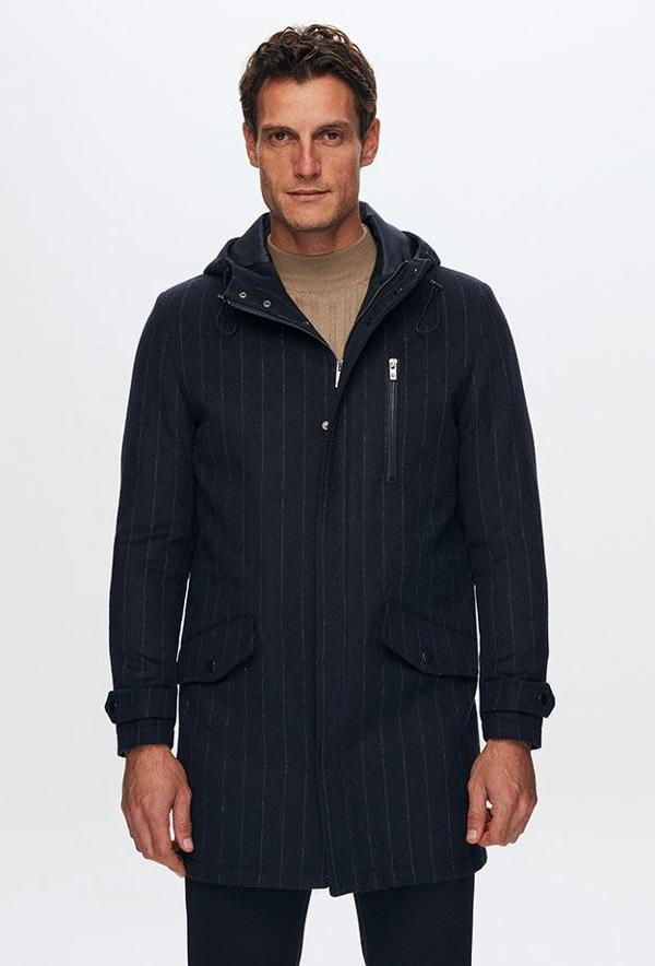 D's Damat Regular Fit Lacivert Çizgili Yünlü Kapüşonlu Kaşe Kaban - Image 1