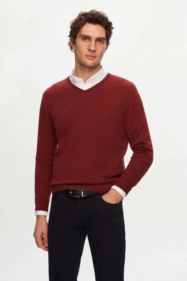 Regular Fit Kiremit Düz V Yaka Triko Kazak - Image 1