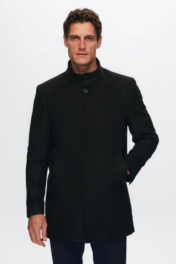 Regular Fit Siyah Hakim Yaka Kaşe Kaban - Image 1