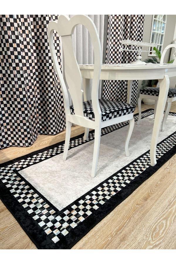 Brillant Pilesiz Ekstraforlu Damalı Fon Perde - Bej-Siyah - Image 1