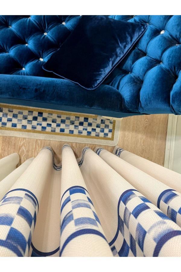 Brillant 1/3 Sık Pileli Damalı Fon Perde - Bej-Mavi - Image 1