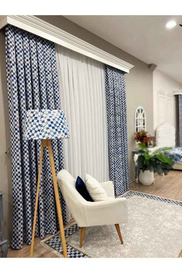 Brillant 1/3 Sık Pileli Damalı Fon Perde - Mavi - Image 1