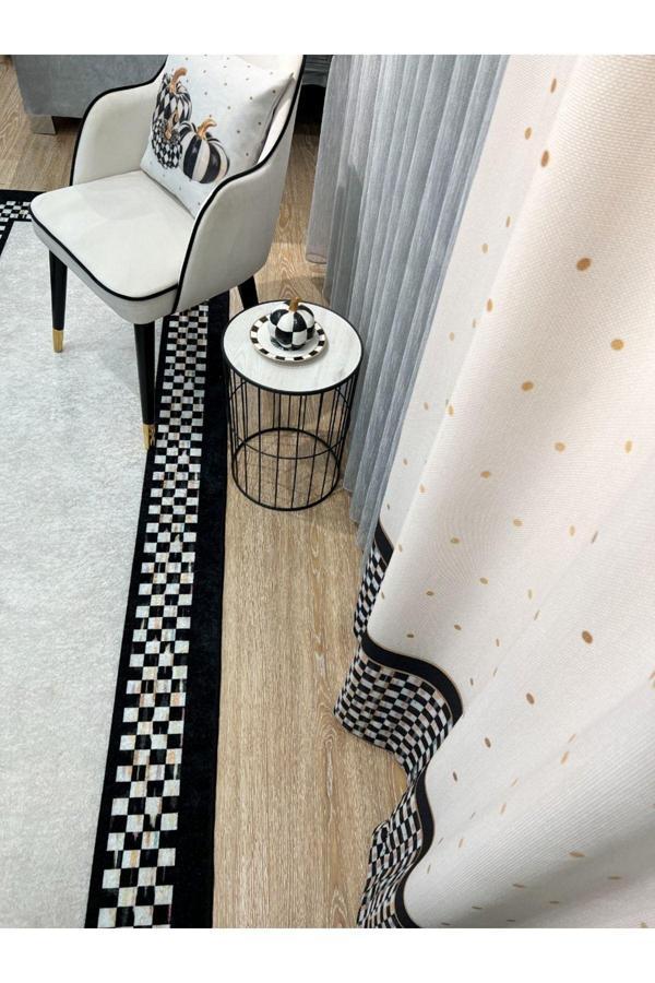 Brillant Pilesiz Ekstraforlu Damalı Fon Perde - Bej-Siyah - Image 1