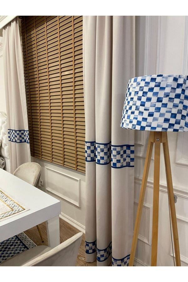 Brillant Pilesiz Ekstraforlu Damalı Fon Perde - Bej-Mavi - Image 1