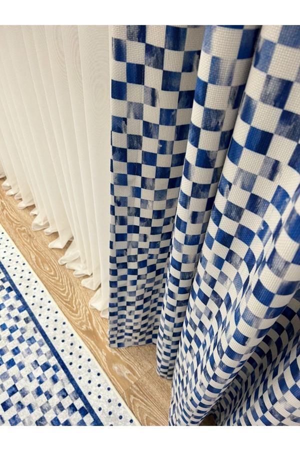 Brillant Pilesiz Ekstraforlu Damalı Fon Perde - Mavi - Image 1