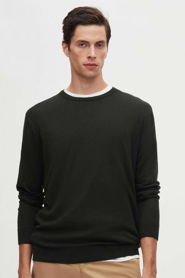 Regular Fit Haki Tüylenme Yapmayan Bisiklet Yaka Triko Kazak - Image 1