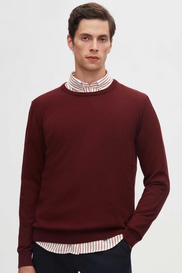 Regular Fit Bordo Tüylenme Yapmayan Bisiklet Yaka Pamuklu Triko Kazak - Image 1