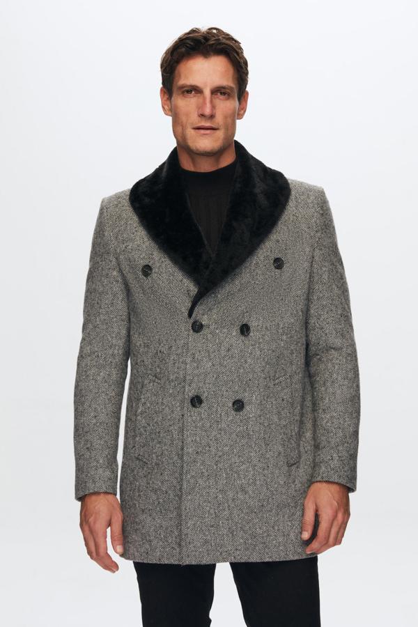 D's Damat Regular Fit Gri Yakası Çıkartılabilir Kürklü Kruvaze Kaban - Image 1