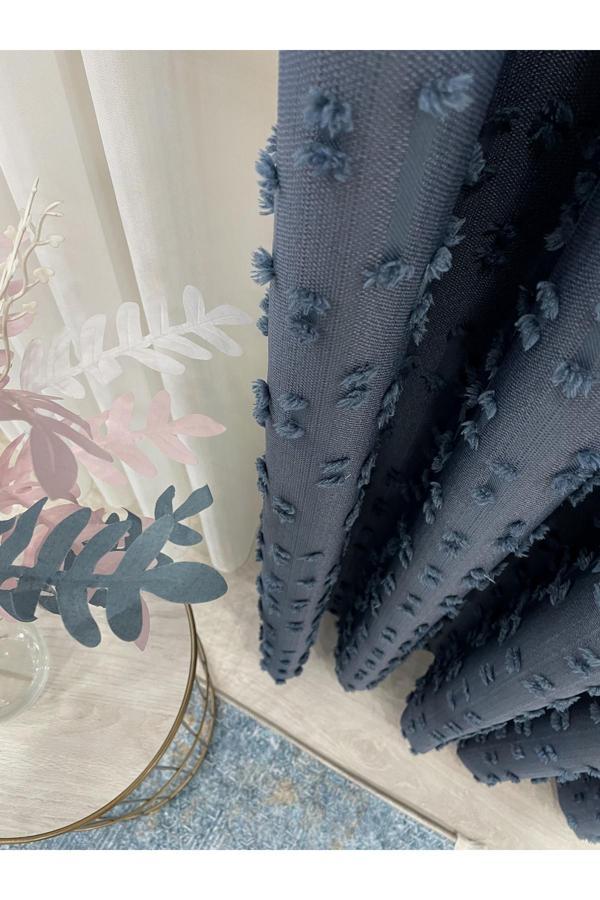 Brillant İndigo Mavi Renk Ponponlu Pufy Fon Perde 1/3 Sık Pile - Image 1