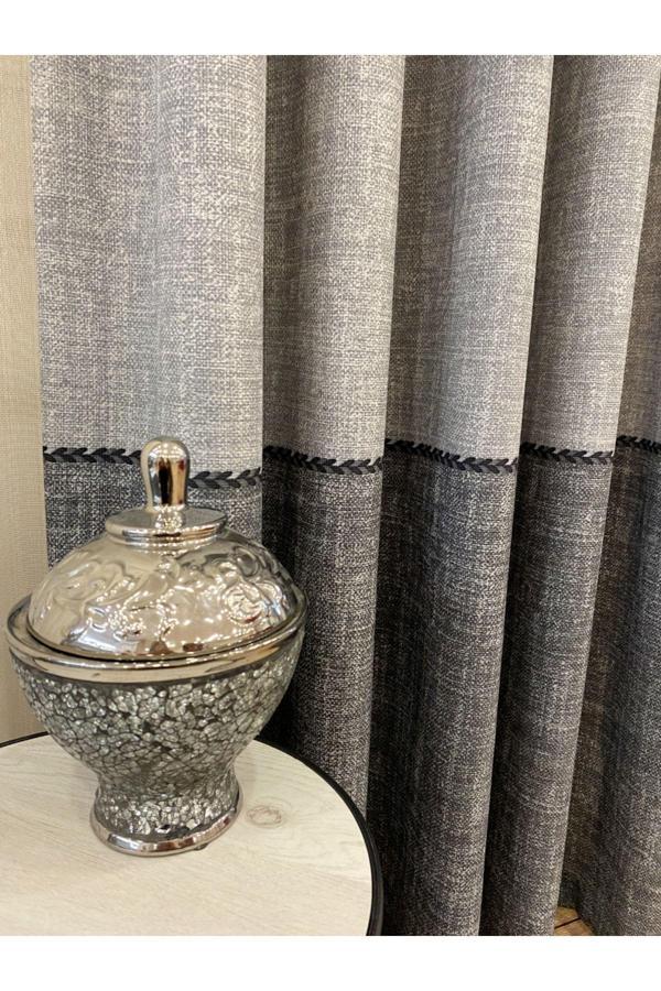 Brillant Keten Görünümlü Örgü Detaylı Desen 1/2,50 Pile Fon Perde - Açık Gri - Image 1
