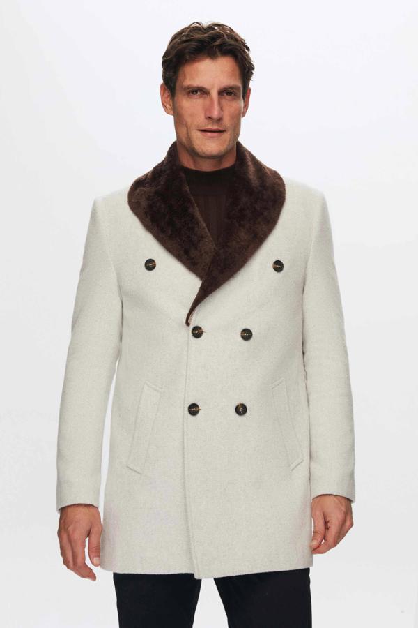 D's Damat Regular Fit Bej Yakası Çıkartılabilir Kürklü Kruvaze Kaban - Image 1